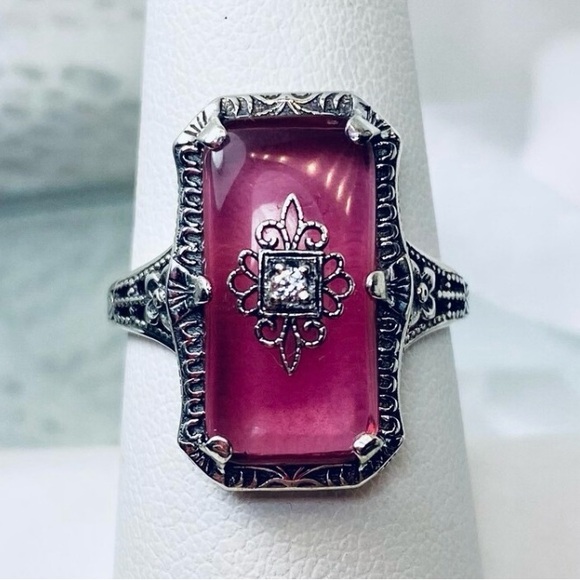 Sterling Silver Antique Style Pink Glass Ring - Picture 6 of 7